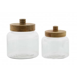 Decmode Set of 2 modern 5 and 6 inch glass jars with mango wood lids, Clear   